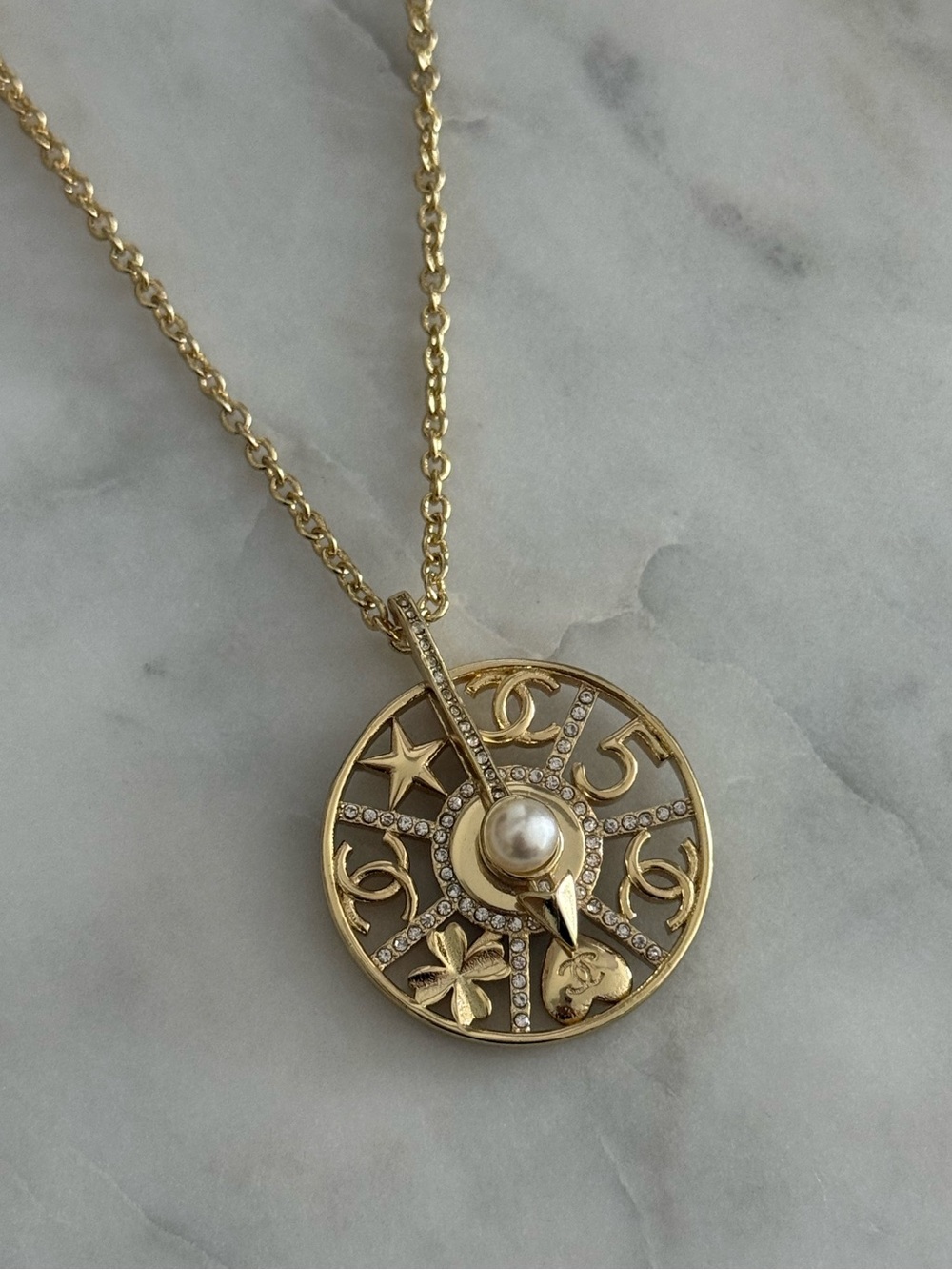 Authentic Chanel 22S Crystal Pearl Lucky Fortune CC Pendant Necklace